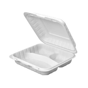 7.8" x 7.8" x 2.5" 3 COMPARTMENT WHITE MINERAL FILLED PLASTIC HINGED LID TO-GO CONTAINER