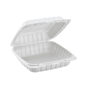 7.8" x 7.8" x 2.5" WHITE MINERAL-FILLED PLASTIC HINGED LID TO-GO CONTAINER