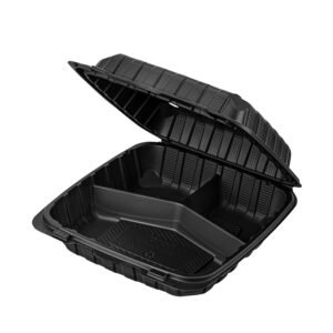 8" & 9" 3 COMPARTMENT BLACK MINERAL FILLED PLASTIC HINGED LID TO-GO CONTAINER