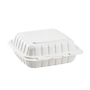 WHITE MINERAL FILLED PLASTIC HINGED LID TO-GO CONTAINER 8" & 9"