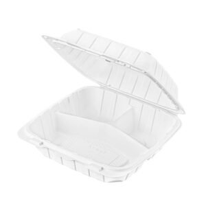 3 COMPARTMENT WHITE MINERAL FILLED PLASTIC  HINGED LID TO-GO CONTAINER 8" & 9"