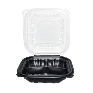 PP VENTED 3-COMPARTMENT HINGED CONTAINER (CLEAR-BLACK) 8''x 8''
