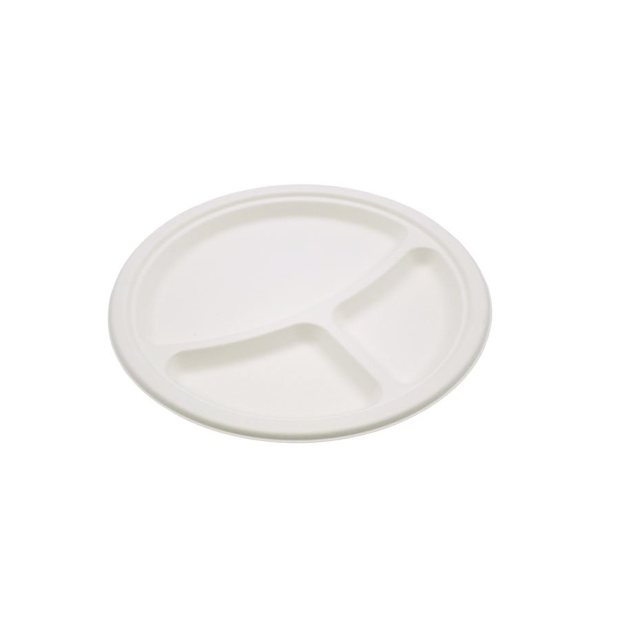 DINNER PLATE ROUND PLATE BAGASSE PFAS FREE 3 COMPARTMENT 9"-10"