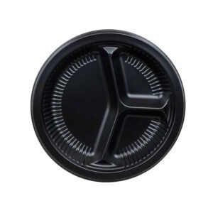 Genware Plate Black Round Ribbed 3-Compartment 9in