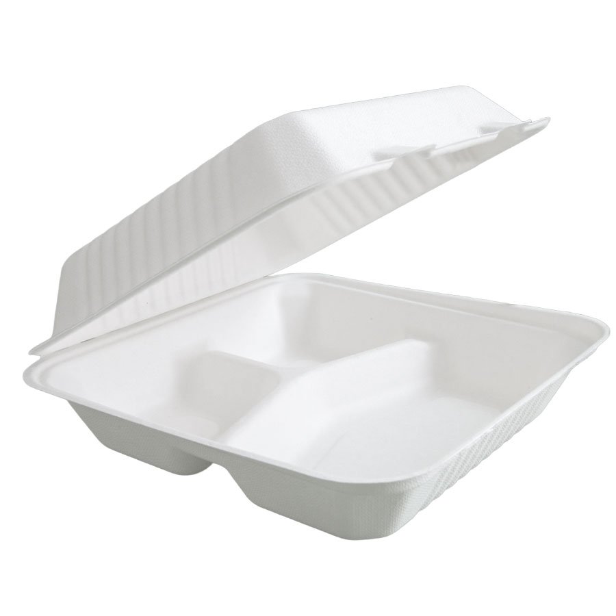 HINGED CONTAINER 3 COMPARTMENT BAGASSE PFAS FREE 8x8"-9"x9"