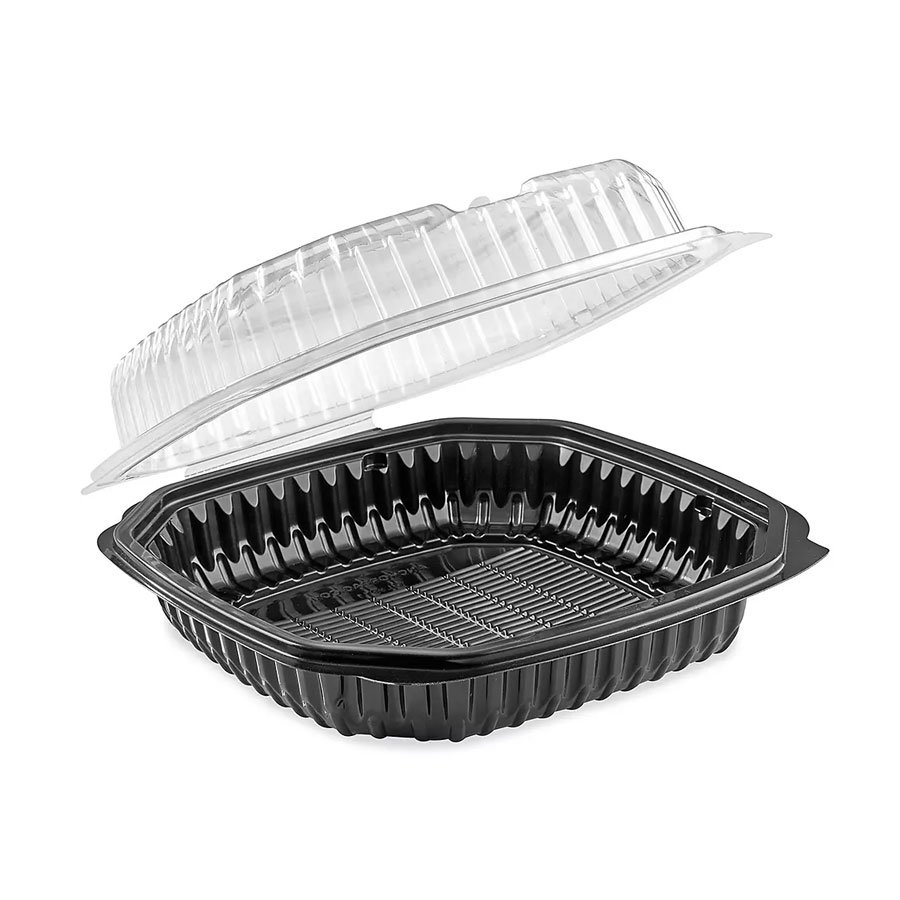 PP VENTED 1-COMPARTMENT HINGED CONTAINER (CLEAR-BLACK) 10''x10''