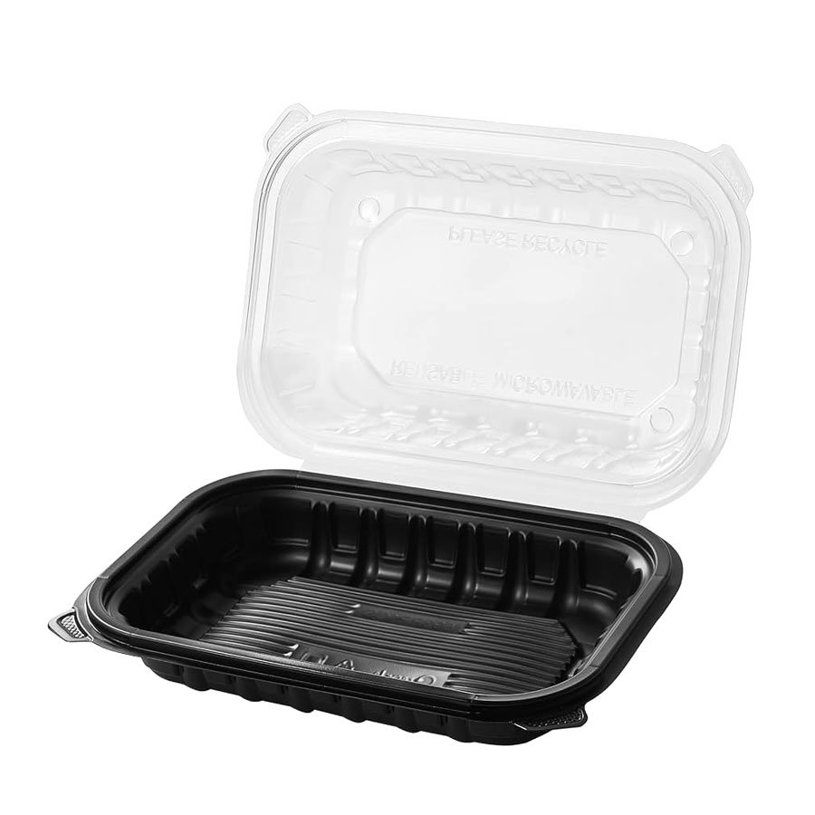 PP VENTED 1-COMPARTMENT HINGED CONTAINER (CLEAR-BLACK) 9''x6''