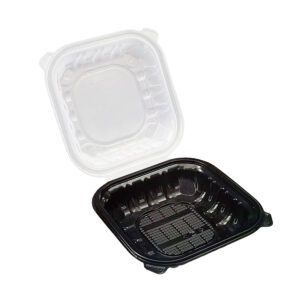 PP VENTED 1-COMPARTMENT HINGED CONTAINER (CLEAR-BLACK) 6"x 6"- 9"x 9"