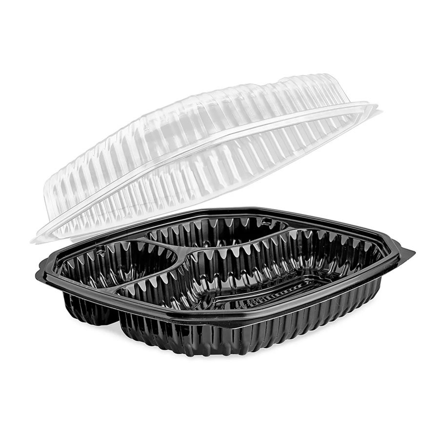 PP VENTED3-COMPARTMENT HINGED CONTAINER (CLEAR-BLACK) 10''x10''