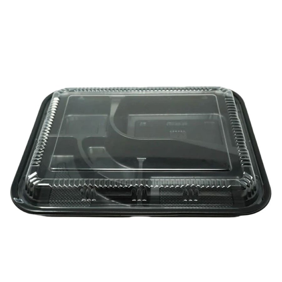 RECTANGULAR BLACK PLASTIC BENTO BOX SET 10.5"x8.1"x2"