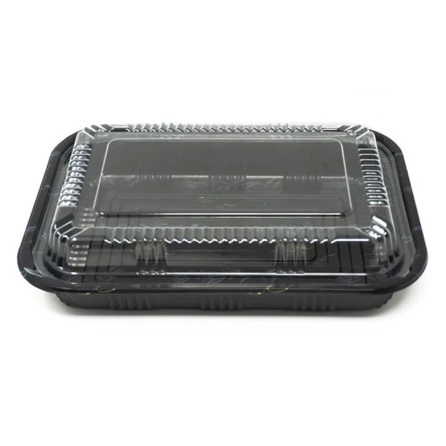 RECTANGULAR BLACK PLASTIC BENTO BOX SET 9.1"x6.3"x1.9"