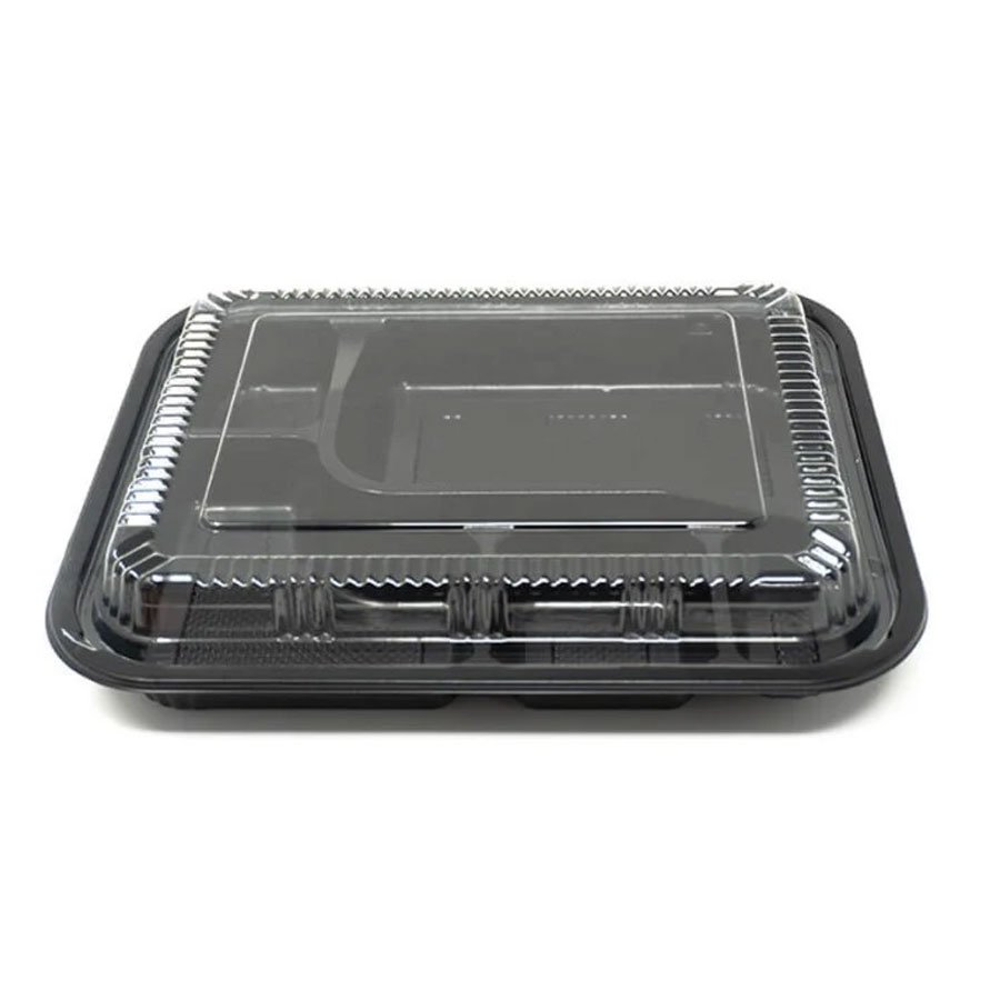 RECTANGULAR BLACK PLASTIC BENTO BOX SET 9.3"x7.5"x1.9"