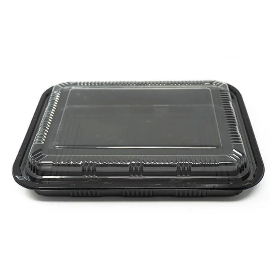 RECTANGULAR BLACK PLASTIC LUNCH BOX SET 10.4"x7.9"x1.9"