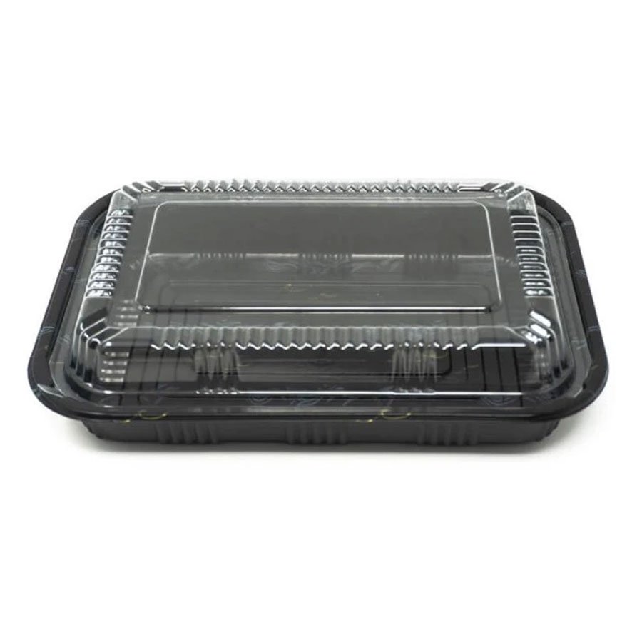RECTANGULAR BLACK PLASTIC LUNCH BOX SET 8.3"x5.7"x1.8"