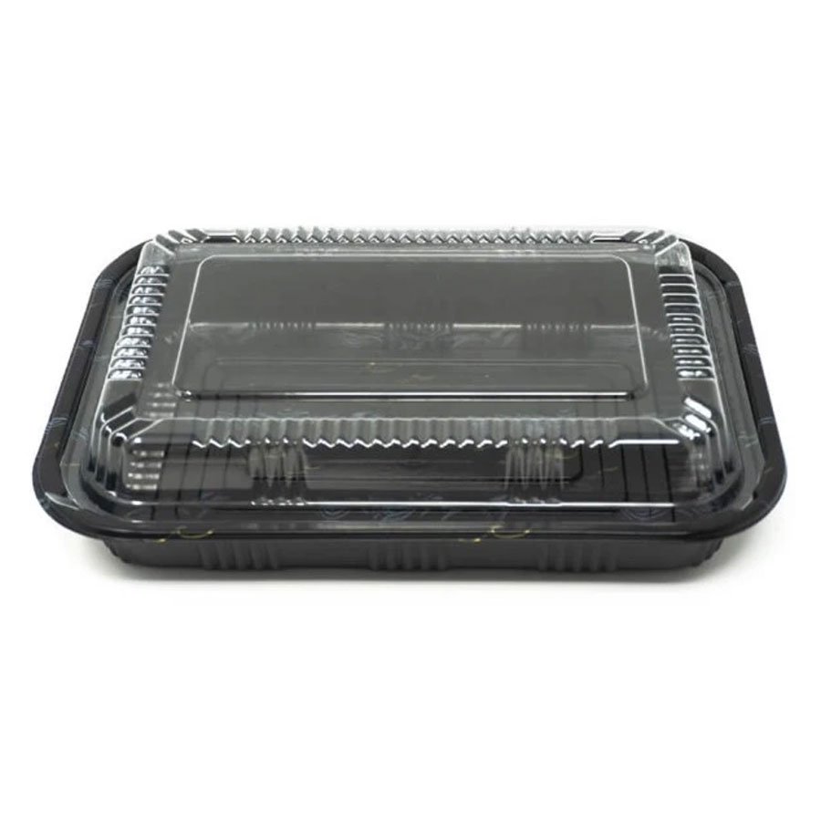 RECTANGULAR BLACK PLASTIC LUNCH BOX SET 9.1"x6.3"x1.9"