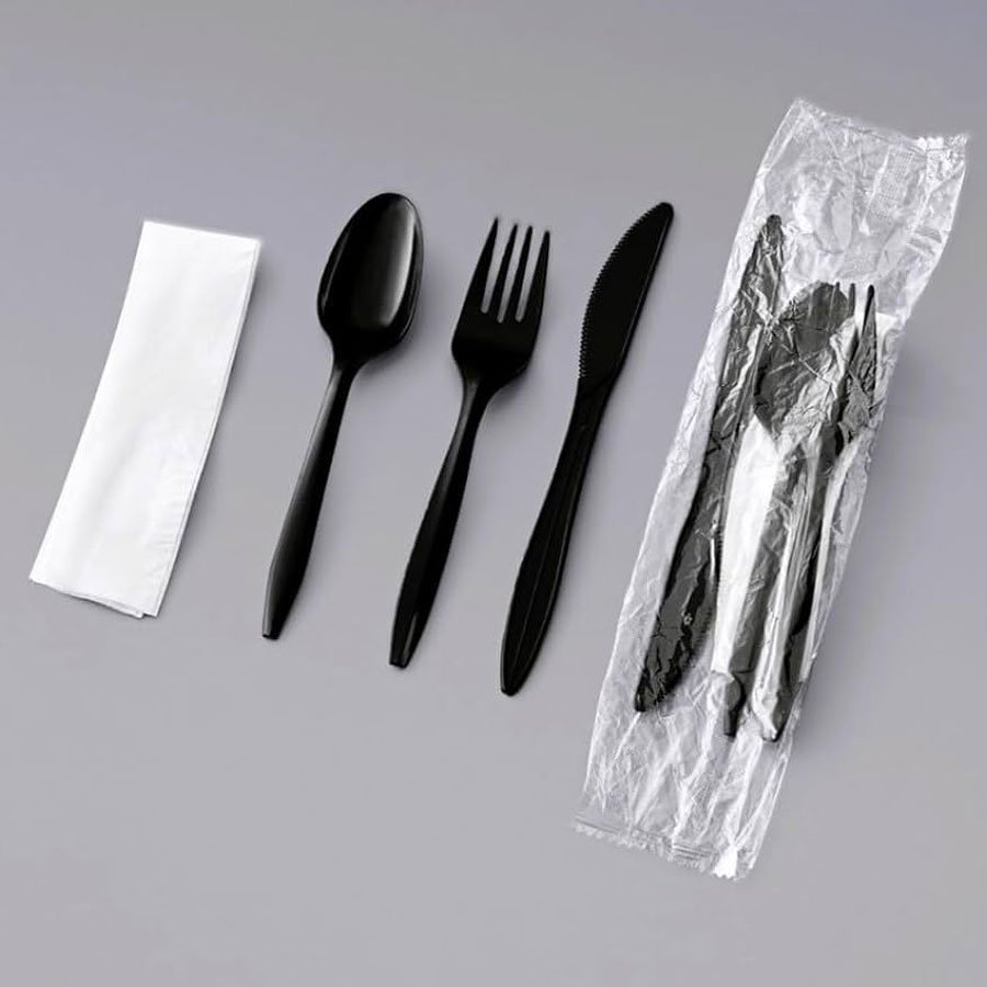 HEAVY WEIGHT WRAPPED PLASTIC CUTLERY KIT 6 IN 1 BLACK