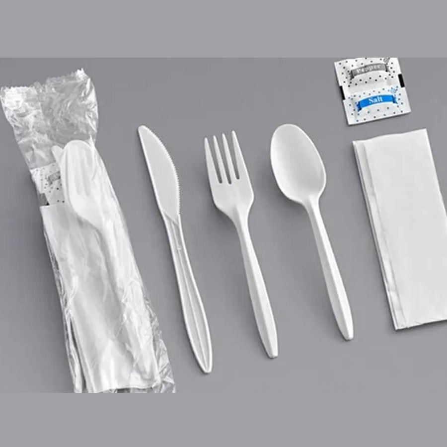 MEDIUM WEIGHT WRAPPED PLASTIC CUTLERY KIT 6IN1 WHITE