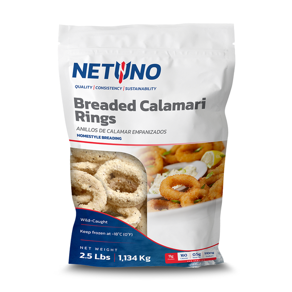 NETUNO Squid Calamari Breaded Rings 2.5 lb. Box  Tenderized, 30% Panko Breading