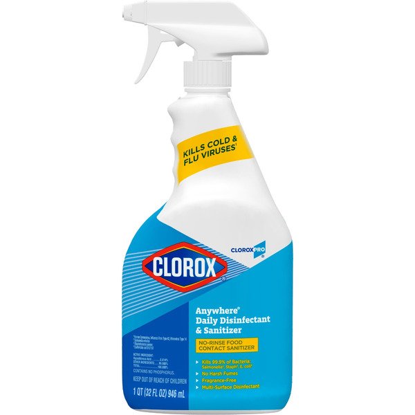 CloroxPro Anywhere Daily Disinfectant and Sanitizer, No-Rinse Food Contact Sanitizer, Kills Cold and Flu Viruses, 32 Fl Oz
